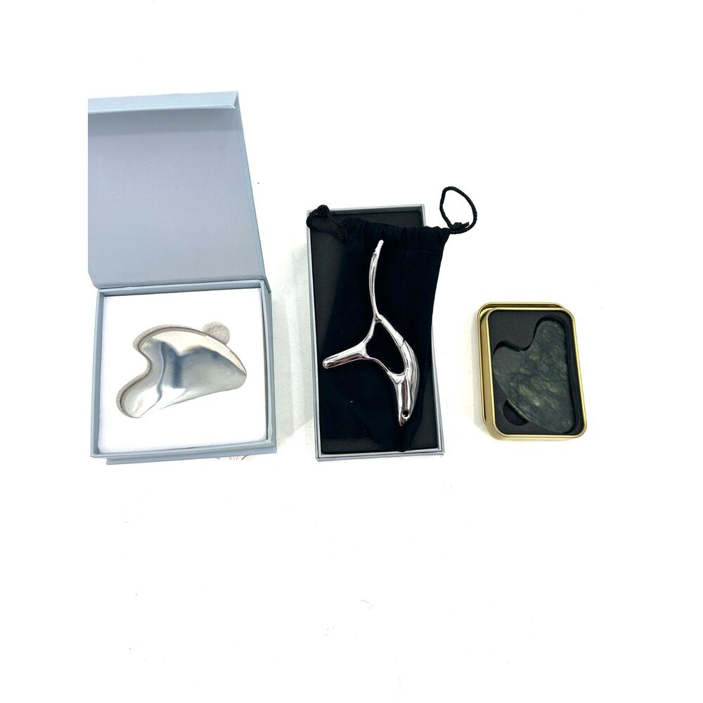 NWT BYLIF Gua Sha 3 Piece Stainless Steel Jade Stone Trigger Point Massage Tools